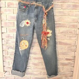 Upcycled One of a kind  Distressed Patched Vintage lace Boyfriend Jeans Size 32‎